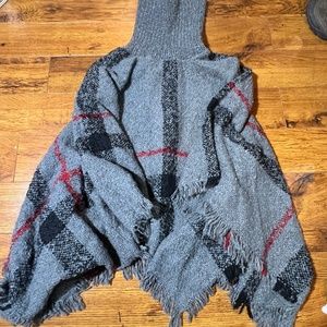 Women's Turtleneck Poncho - Grey with black and red plaid pattern